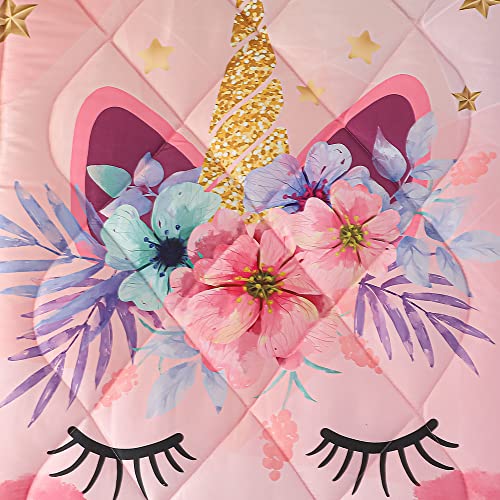 Pink Unicorn Toddler Bedding Set For Girls 4 Piece Cartoon Unicorn Flower Toddler Comforter Sets For Baby Kids Bed-In-A-Bag Bedspreads Quilt Set With Comforter, Flat Sheet, Fitted Sheet, Pillowcase #TOP4