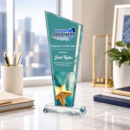 Image of Custom Crystal Trophy Award Personalized Plaque Award with Text Logo Photo Awards Trophies for Employee Recognition Team Graduation Personalized Office Gifts for Boss Coworker Teacher
