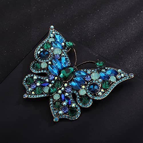 Image of Green Blue Rhinestones Beads Statement Butterfly Brooch Dancing Prom Brooch Pin for Unisex Groom Brides Wedding Jewelry