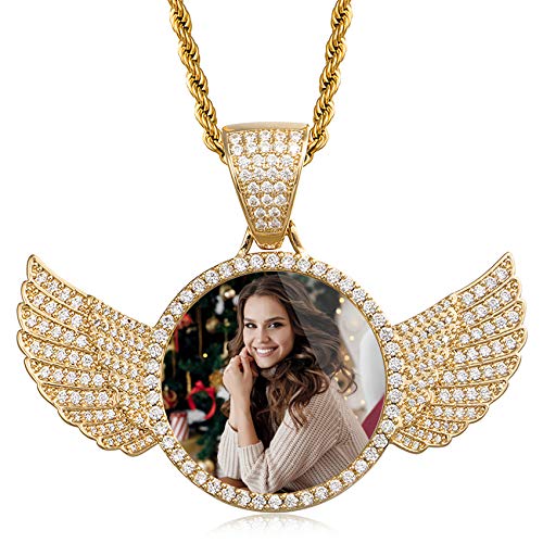 Preisvergleich Produktbild TheBigThumb Personalisierte Gravierte Foto Kupfer Halskette Kreative Foto Halskette Personalisierte Bilderrahmen Anhänger Geburtstag Weihnachten Jubiläum Kreative Unisex Gold Flügel-18(45cm)