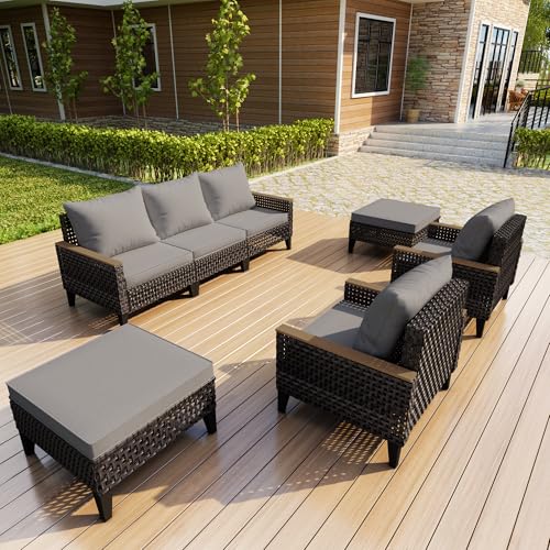7 Pieces Outdoor Furniture Set, Patio Conversation Sets (Gray Cushions)