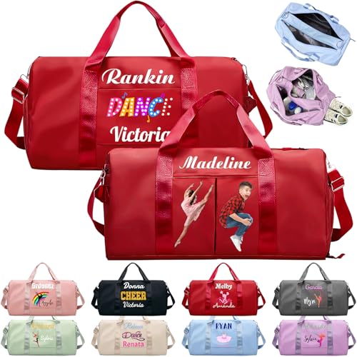 Personalized Duffle Bag Printed with Name Photo, Custom Duffle Gym Bags with Wet Dry Pockets & Shoe for Dance Sport Yoga,Personalized Gym Bag for Women Men,Personalized Travel Bag Red