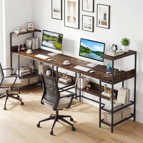 Image of Tangkula 48 inch Reversible Computer Desk with Bookshelves, Home Office Desk with Power Outlets, Hook and Storage Shelves, Writing Study Desk for Living Room, Study Room, Office (Rustic Brown)