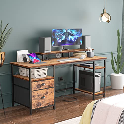 Furologee 61" Computer Desk and Nightstands Set 2, Desk with Outlets and Drawers, End Table with Hooks and Shelves, Writing Study Desk for Home Office/Bedroom