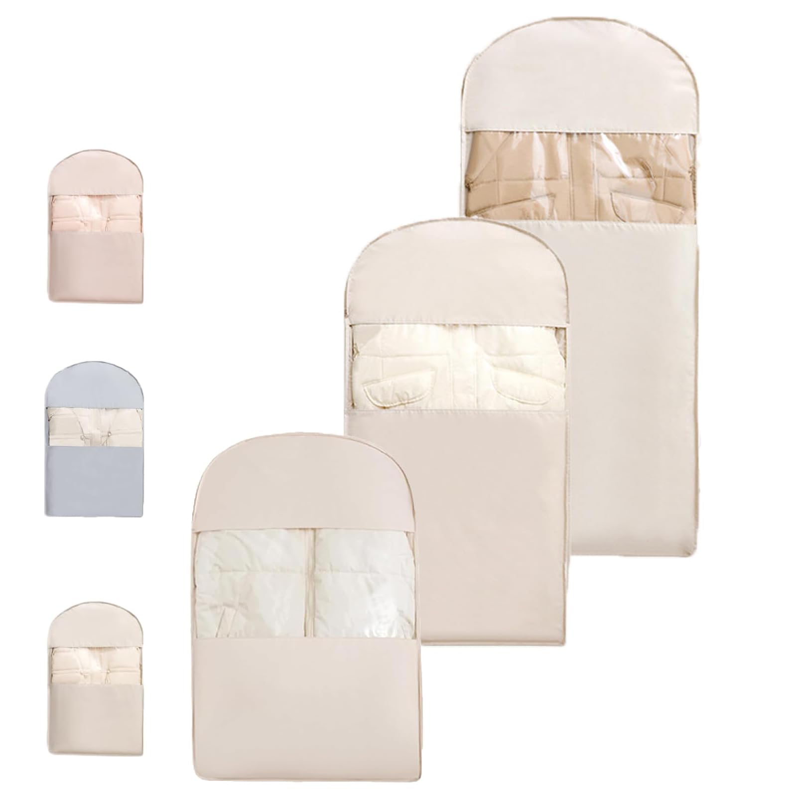 Borsa salvaspazio da appendere, con cerniera autocompressiva, protezione salvaspazio per piumino, cappotto, copertura antipolvere a compressione per armadio (beige, 3 pezzi (M+L+XL))