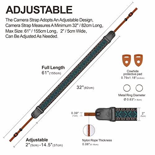 Padwa Mystic Green Embroidered Camera Strap - Double Layer Cowhide Ends,2" Pure Cotton Woven Camera Straps, Adjustable Vintage Neck & Shoulder Strap For All Dslr Cameras,Great Gift For Photographers #TOP4