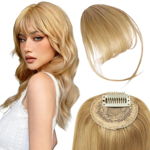 KEJOL Flequillo de Clip Pelo Natural 100% Humano, Extensiones de Flequillo Postizo con Patillas para Mujer (Rubio)
