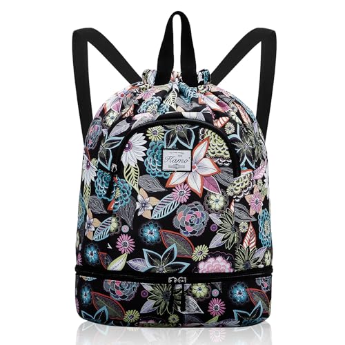 Image of Kamo Drawstring Backpack Bag - Sport Swimming Yoga Backpack with Shoe Compartment, Two Water Bottle Holder for Men Women Large String Backpack Athletic Sackpack for Travel