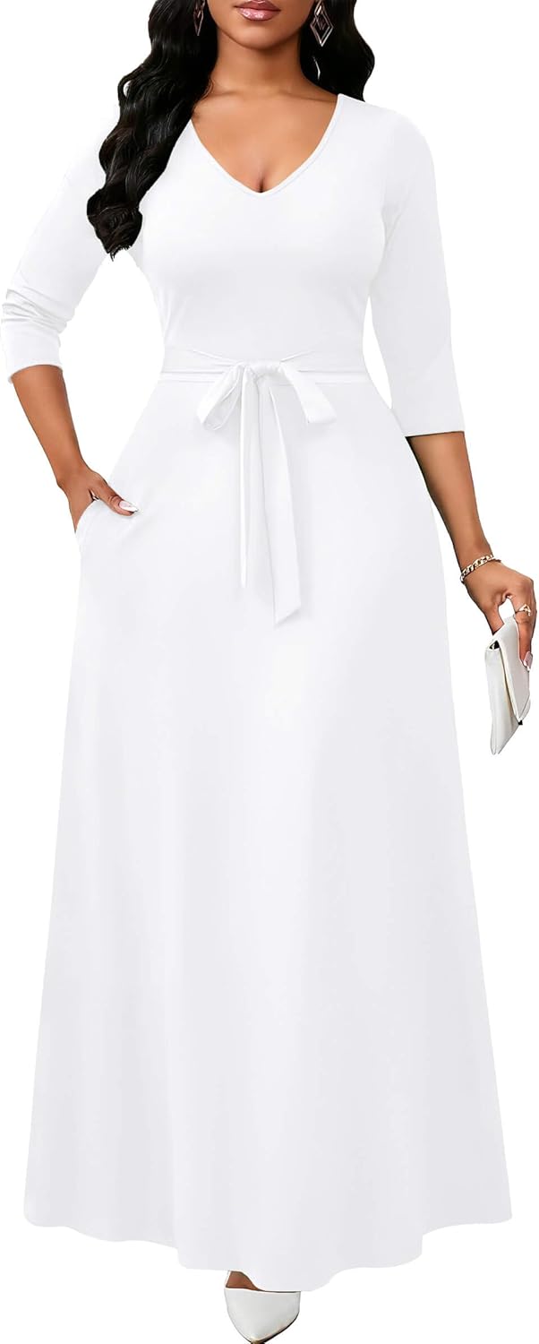 FANDEE Maxi Dress for Women, Long Casual Empire Waist Dresses 3/4 Sleeve V-Neck with Pockets