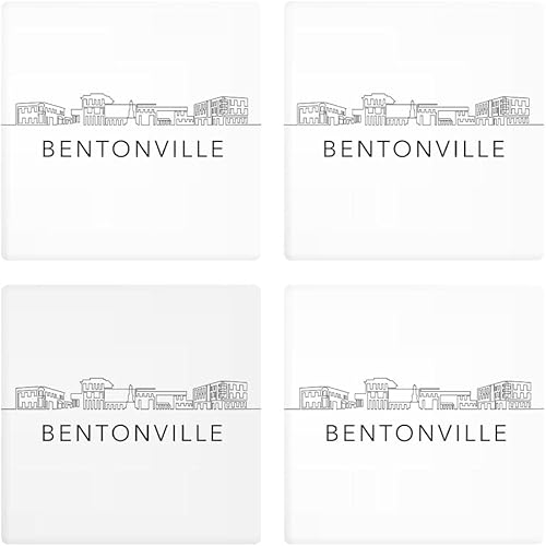 Minimalista B&W Arkansas Bentonville Skyline, Joyride Home Decor, 4 posavasos de cerámica, posavasos cuadrados de 4 pulgadas, juego de 4, parte