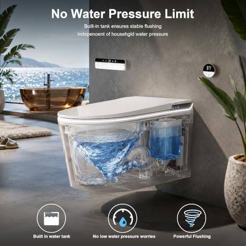 Image of #G837 Luxury Wall Hung Smart Toilet Combo, Elongated Smart toilet, Built in Bidet Seat, Auto Flush, Auto Open /Close Lid, Heated Seat, Warm Water /Dryer,White (Include In-Wall Frame Bracket)