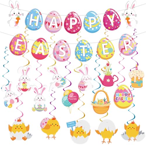 Image of Hooqict Happy Easter Banner Decorations with 15Pcs Bunny Egg Chick Hanging Swirl Ceiling Streamers for Spring Easter Day Birthday Party Decorations Home School Classroom Sunday Celebration