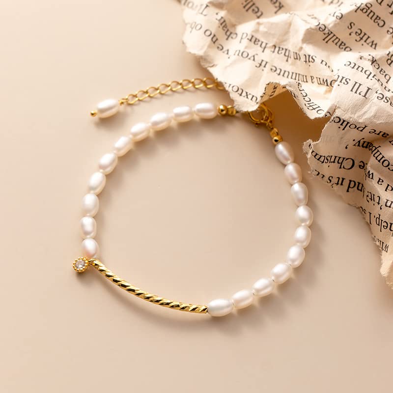 Dainty 14K Yellow Gold Pearl Beaded Bracelet,Freshwater Cultured White Pearl Bracelet for Women,Gift for Mom,Girlfriend,Wife4
