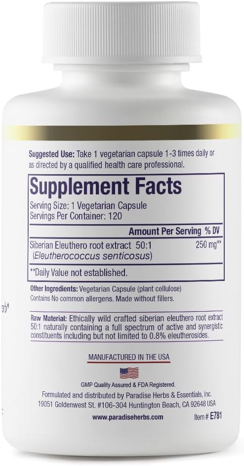 Paradise Herbs Eleuthero Root Extract, Adaptogen Supplement, Super Potent, Ultra Pure, Vegan, Non-GMO, 120 Vegetarian Capsules - Image 2