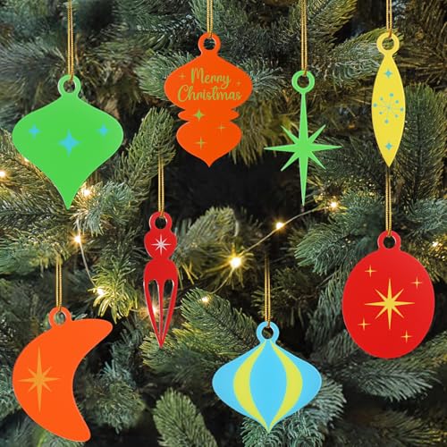 32Pcs Mid Century Christmas Tree Ornaments Retro Acrylic Christmas Hanging Ornaments with Gold Strings Modern Art Vintage Decoration for Christmas Tree Mid Century Holiday Decor