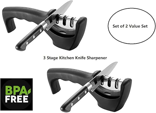 Miniatura 2 de Dependable Industries - Paquete de 2 afiladores de cuchillos de cocina de 3 etapas, herramienta profesional de afilado de acero de tungsteno para