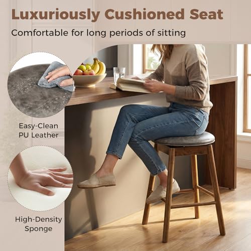 Juego de 2 butacos giratorios de madera COSTWAY, sillas altas de cuero sintético gris y natural con estructura de madera de caucho, reposapiés, sin respaldo, para isla de cocina miniatura 7