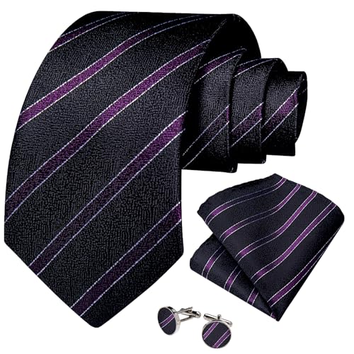 Image of DiBanGu Striped Tie Set for Men Silk Woven Plaid Necktie and Pocket Square Cufflinks Business Wedding