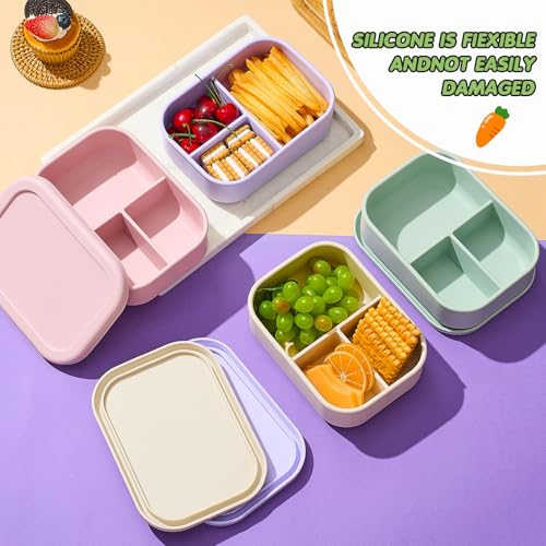 Image of Layhit 4 Pcs Silicone Bento Box for Adults, 27 oz Bento Lunch Container Reusable Food Container for Women Men, Leak Proof Microwave Dishwasher Freezer Safe (3 Compartments,Desaturated Colors)