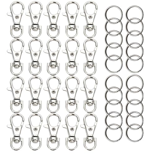 Yotsuba 20 Pcs 360° Swivel Lobster Claw Clips with Split Rings – Heavy Duty Zinc Alloy Keychain Clasps, Silver Tone Spring Loaded Snap Hooks for DIY Crafts, Bag Hangers, Purse Chains, and Key Rings Replacements