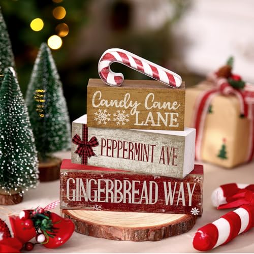 Image of Moucuny 4 Pcs Christmas Table Decor Wooden Candy Cane Decoration Christmas Centerpiece Winter Tiered Tray Decor Red and White Stripes Candy Cane Block Signs Gift Farmhouse Xmas Decoration for Kitchen