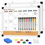 Planificateur mensuel et tableau blanc : ce tableau blanc offre une fonctionnalité double face, avec un tableau blanc et un calendrier effaçable à sec. Un côté comprend une grille mensuelle non datée pour la planification, tandis que le verso est un tableau blanc magnétique vierge avec une bande de liège intégrée. La grille du calendrier datée aide à organiser les rendez-vous, et le verso magnétique prend en charge les projets dynamiques