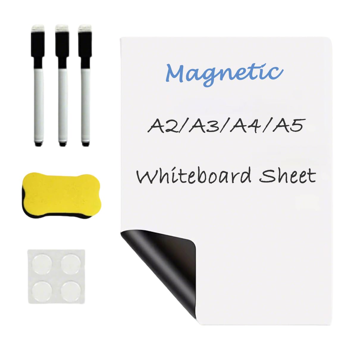Magnetic Whiteboard for Fridge, Whiteboard Sheet for Office Home Kitchen Memos Lists Menus, Magnet Refrigerator Message White Boards Film with Pens Eraser (White,A2)