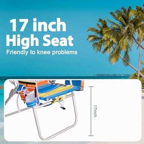 Image of Romswi Tall Beach Chair Extra Wide for Adults, 17 inch High Seat Backpack Beach Chair with Cooler Bag, Cup & Phone Holder, 5-Position High Back Reclining Chair with Towel Bar & Zipper Pocket, Colored