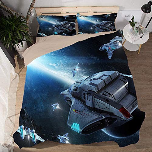 QIMGIC Juego De Ropa De Cama 3 Piezas Planeta De Nave Espacial De Ciencia Ficción Azul 280X240 Cm Poliéster Microfibra Juego De Fundas De Edredón Incluye 1 Funda Nórdica Y 2 Funda De Almohada