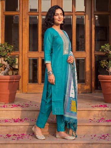 Image of INDO ERA Women's Silk Blend Embroidered Sequinned Kurta & Pant with Dupatta Set