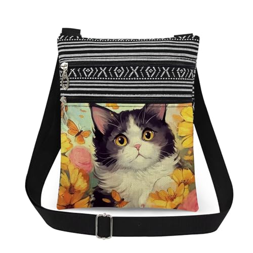 Cat Floral women Crossbody Bag Travel Adjustable Shoulder Strap Messenger Bag Daily Use Crossbody Purse Birthday Gift for Friend Cat Lover Holiday Present for Her or Him