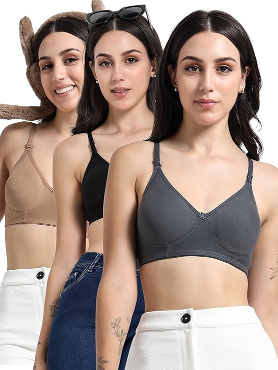 Non Padded Everyday Bra for Women - Made of Pure Cotton Full Coverage Non Wired Seamless Pushup Soft Bra for T-Shirt Saree Dress Pack of 3-image-0