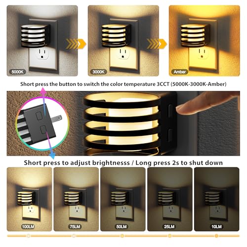 Image of JandCase LED Night Light, Night Lights Plug into Wall with Dusk to Dawn Sensor, 3 Colors Amber /3000K /5000K & 5 Brightness Levels, Adjustable Brightness Nightlight for Bedroom Bathroom Hallway, 2 Pack