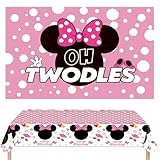Oh Twodles Backdrop Party Decorations, Pink Palka Dot Backdrop Birthday Banner with Disposable Tablecover Set, Cartoon Photography Background and Tablecloth for Girls 2nd Party Supplies