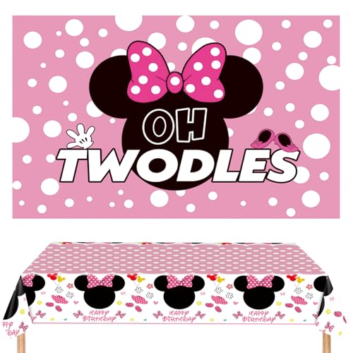 Oh Twodles Backdrop Party Decorations Pink Palka Dot Backdrop Birthday Banner with Disposable Tablecover Set Cartoon Photography Background and Tablecloth for Girls 2nd Party Supplies