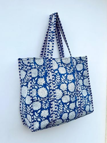 Image of Quilted Cotton Handprinted Reversible Large multicolor Floral Tote Bag,Hand Block Print Shopping Shoulder Carry Bag