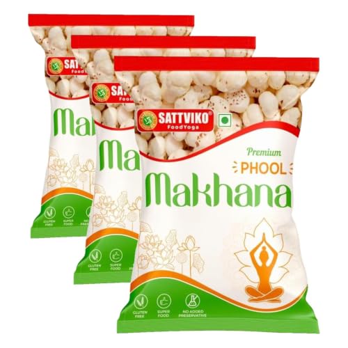 Image of Sattviko Premium Raw Plain Phool Makhana | Fox Nuts | Healthy Crunchy Snack | Gluten-Free, Protein-Rich, Low-Calorie Superfood | Ideal for Fasting & Guilt-Free Snacking (200 gm - Pack of 3)