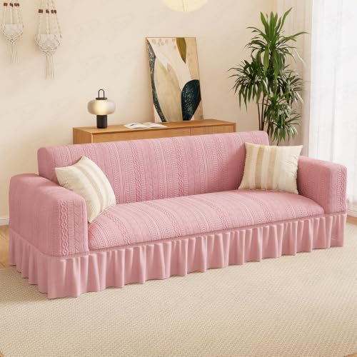 Image of Lukzer 3 Seater Jacquard Sofa Cover with 360 Frill Skirt - Pastel Pink Zigzag Pattern| 240 GSM Stretchable Anti-Slip Fully Covered Universal Couch Cover for Living Room (180-230CM /SC-078-03F)