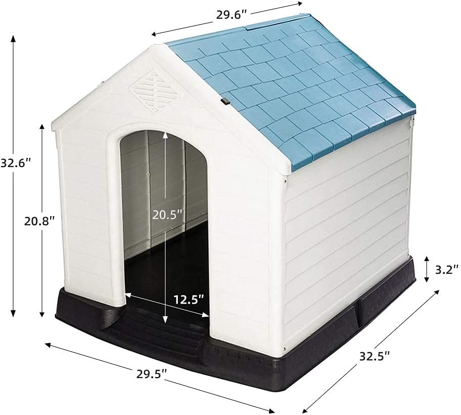 Plastic Dog House Medium 32.5X29.5X32.5 Dog Pet Kennel Outdoor Crate Waterproof Durable Indoor Pet House Easy Assembled Base Plate Heightened