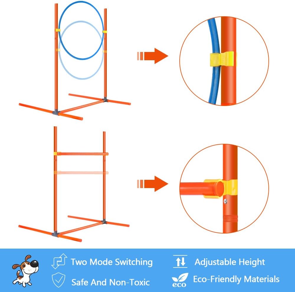XiaZ Dog Agility Course Equipments, Obstacle Agility Training Starter Kit for Doggie, Pet Outdoor Games - Dog Tunnels, 8 Piece Weave Poles, Jumping Ring, High Jumps, Pause Box