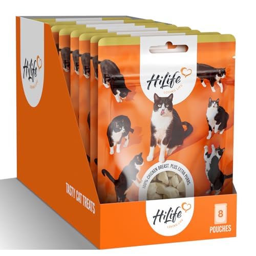 HiLife Chicken Breast Cat Treats, Freeze Dried & Grain Free Chicken Treats for Adult Cats, Made With 100% Natural Ingredients, Suitable for Indoor & Outdoor Cats (8 Bags x 30g)
