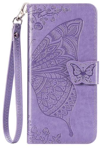 Lozeguyc for TCL K11 T432W Case Wallet PU Leather Credit Card Holder Full Body Cute Butterfly Design with Wrist Strap Soft TPU Bumper Full Body Protective Phone Case for Girls Women Light Purple