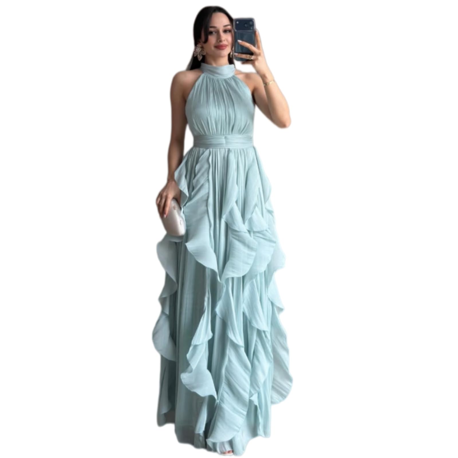 Vestito Donne Halter Maxi Abito Una Linea Senza Maniche Alta Vita Ruffle Hem Elegante Serata Festa Lungo Abito-Wine Red-XS