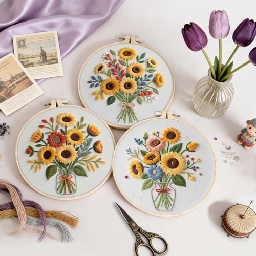 Image of Uniartfy 3 Sets Sunflower Embroidery Kits for Beginners, Needlepoint Kits for Adults, Cross Stitch Kit with Cloth, Hoop, Threads and Instruction, Easy to Learn Embroidery Starter Kit for Craft Lover