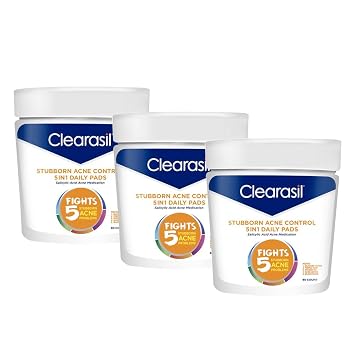 Clearasil Acne Treatment Facial Cleansing Pads, Stubborn Acne Control 5-in-1 Daily Pads, 90 Pads Pack of 3