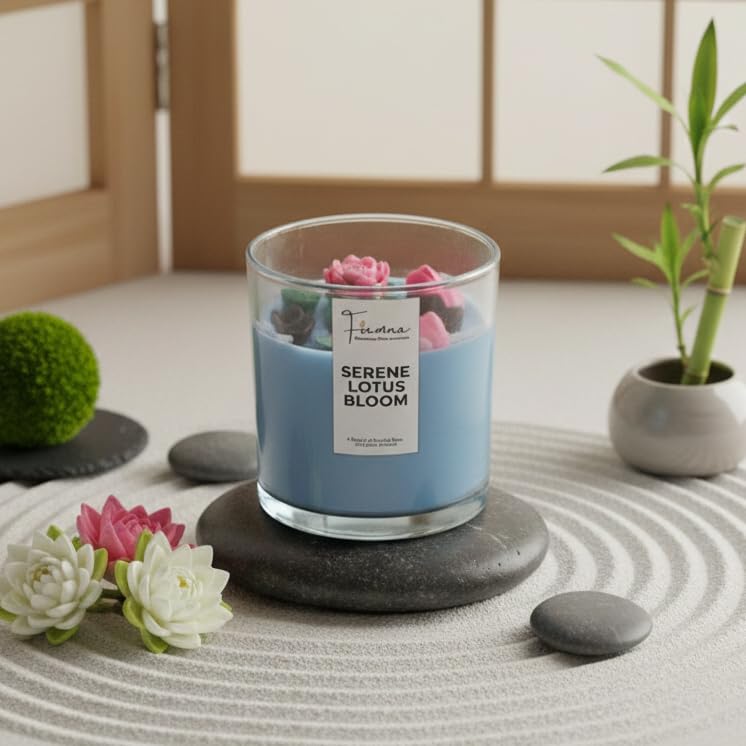 Image of Serene Lotus Pond Scented Jar Candle | 200gm Soy Wax with Lotus, Leaves & Boat Topper | Calming Rose Fragrance | Unique Christmas Gift, Home Decor for Peace & Meditation
