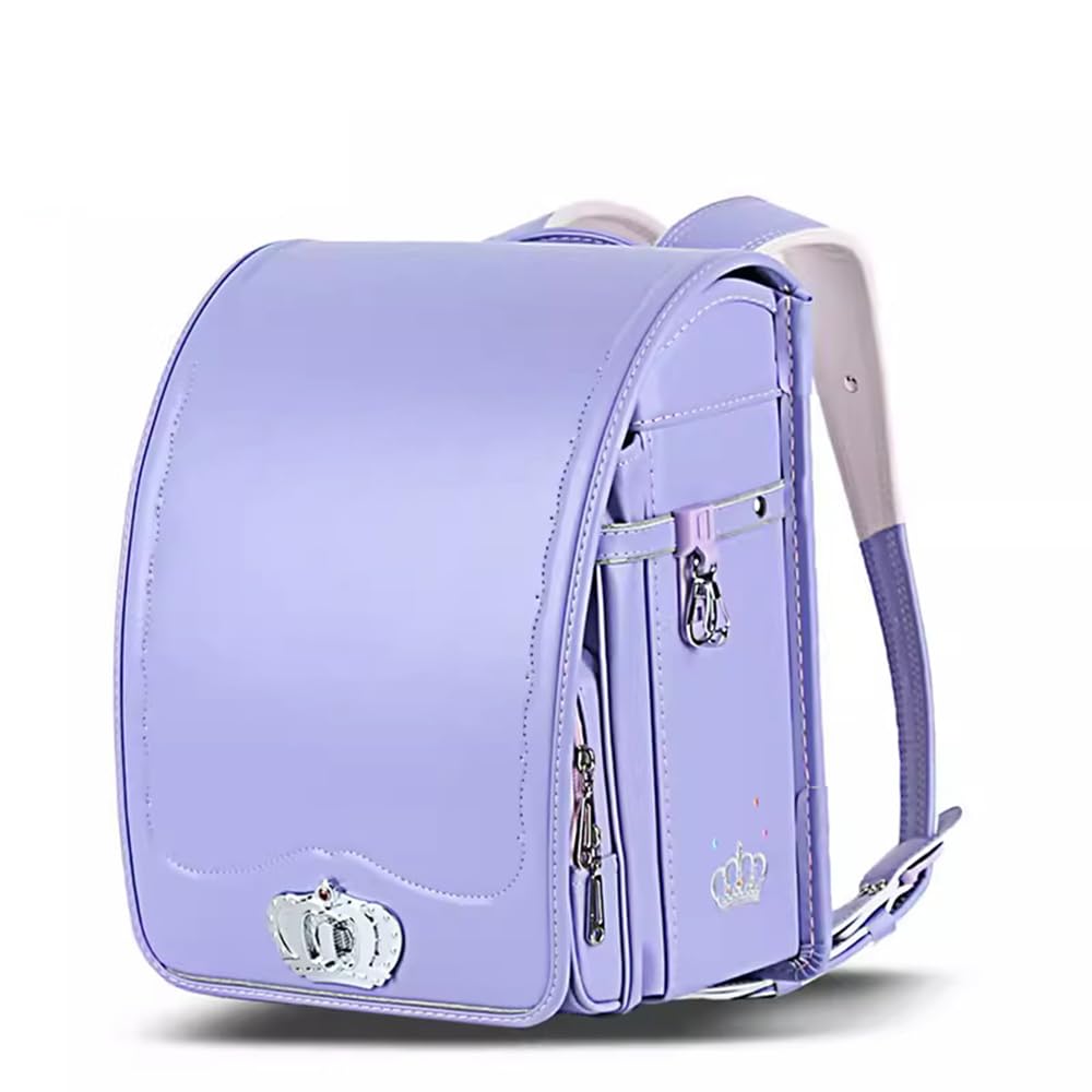 Schulranzen Großer Rucksack aus PU-Leder mit automatischem Schloss Leichte Büchertasche (Lila 35 x 27 x 20 cm)