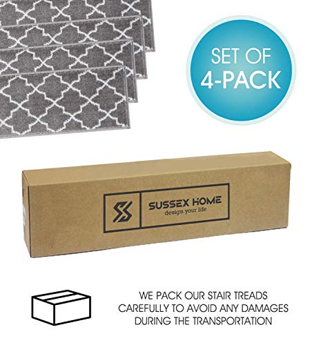 Sussexhome Stair Treads - 100% Polypropylene Carpet Strips For Indoor Stairs - Easy To Install Runner Rugs W/ Double Adhesive Tape - Safe, Extra-Grip, Decorative Mats - 4-Pack - Gray #TOP6