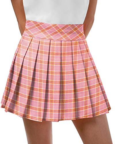 Image of MANGOPOP Women Girls High Waist Pleated Skater Tennis School Uniform A-line Skirts (Pink(Plaid), Small)