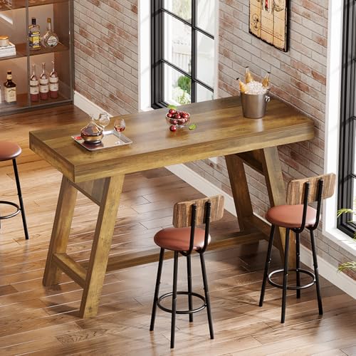Tribesigns 55.12-Inch Bar Table, Rectangular Home Bar Unit with Stable Trestle Legs, Modern Vintage Counter Height Pub Table for Home Kitchen, Living Room, Balcony, Basement, Rustic Brown